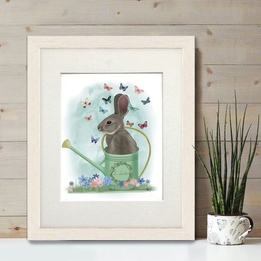Bunny Rabbit in Watering Can with Butterflies, Art Print, Canvas, Wall Art | Print 14x11inch