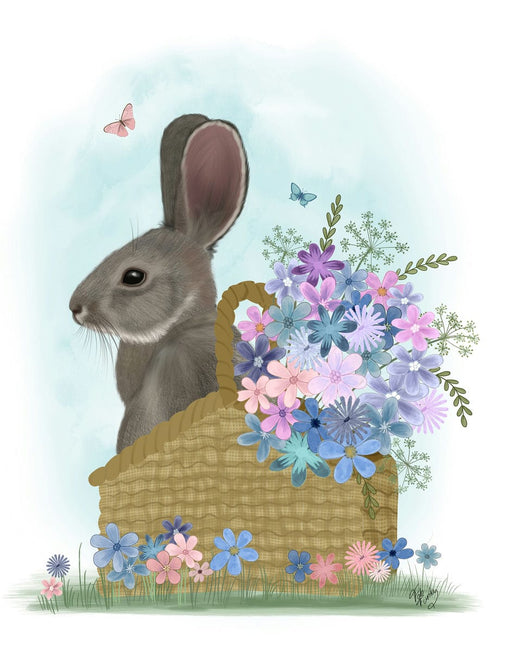Bunny rabbit In Basket with Flowers, Art Print, Canvas, Wall Art | FabFunky
