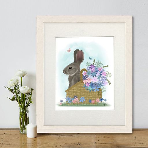 Bunny rabbit In Basket with Flowers, Art Print, Canvas, Wall Art | Print 14x11inch