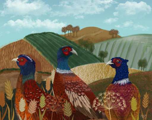 Pheasant Trio in Field, Art Print, Canvas, Wall Art | FabFunky