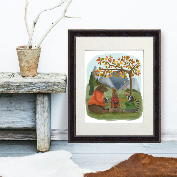 Bear, Raccoon, Rabbit, Autumn Coffee Morning, Art Print, Canvas, Wall Art | Print 14x11inch
