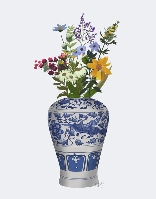Chinoiserie Crane Vase and Wildflowers, Art Print, Canvas art | FabFunky