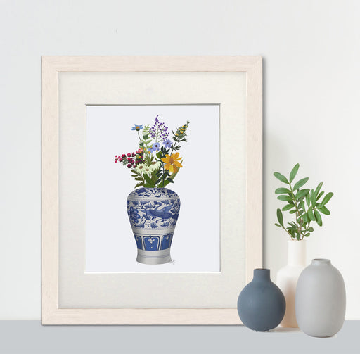 Chinoiserie Crane Vase and Wildflowers, Art Print, Canvas art | Print 14x11inch