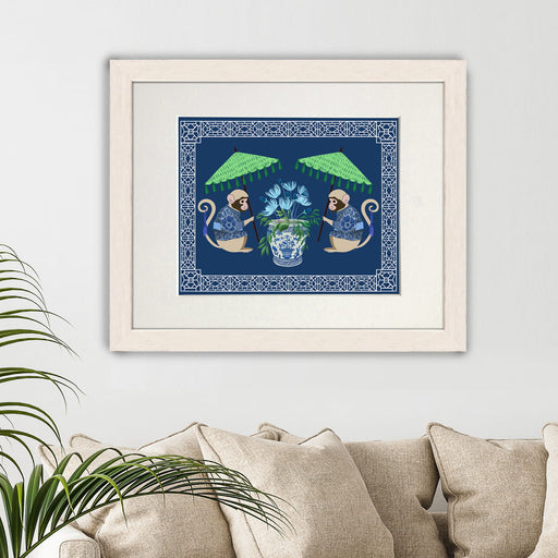 Monkey Twins and Planter on Blue, Chinoiserie Art Print, Canvas art | Print 14x11inch