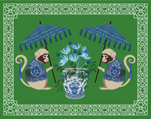 Monkey Twins and Planter on Green, Chinoiserie Art Print, Canvas art | FabFunky