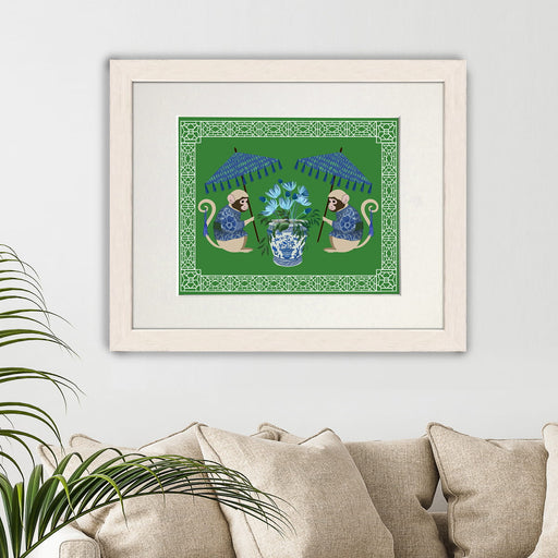 Monkey Twins and Planter on Green, Chinoiserie Art Print, Canvas art | Print 14x11inch