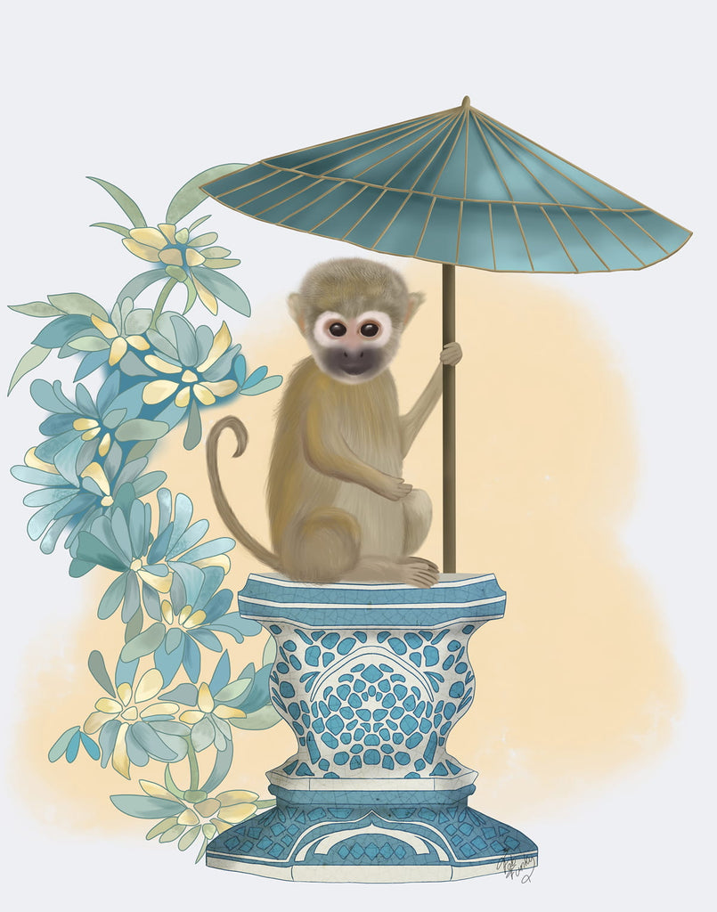 Monkey On Plinth 2, Chinoiserie Art Print, Canvas art — FabFunky