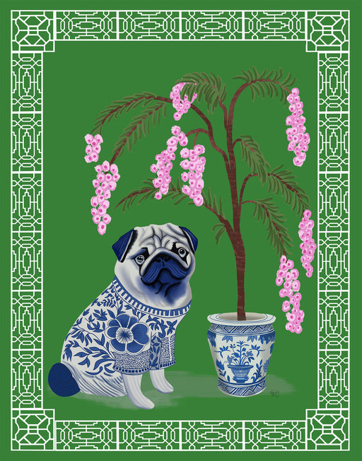 Chinoiserie Pug and Cherry Blossom On Green, Art Print, Canvas art | FabFunky