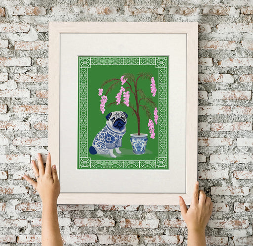Chinoiserie Pug and Cherry Blossom On Green, Art Print, Canvas art | Print 14x11inch