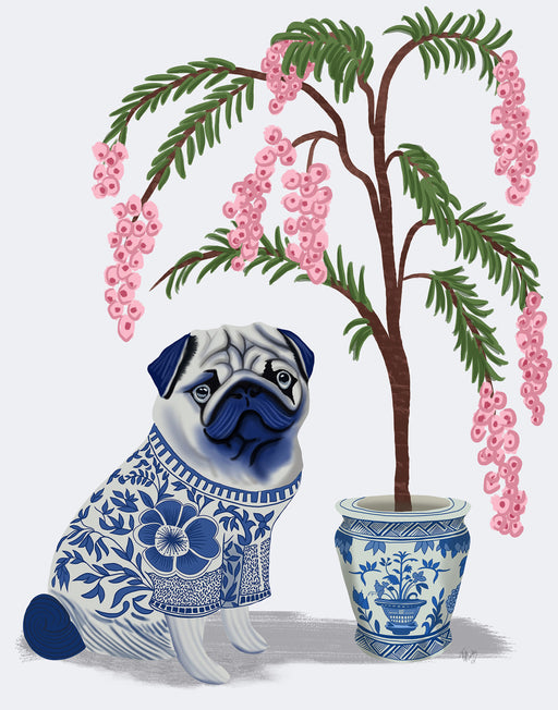 Chinoiserie Pug and Cherry Blossom On Grey, Art Print, Canvas art | FabFunky