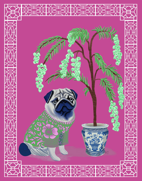 Chinoiserie Pug and Cherry Blossom On Pink, Art Print, Canvas art | FabFunky