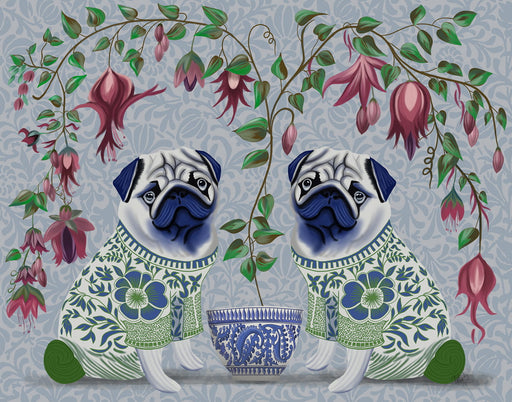 Chinoiserie Pug Twins and Fuchsia, Art Print, Canvas art | FabFunky
