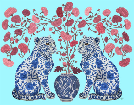 Chinoiserie Leopard Twins on Blue, Art Print, Canvas art | FabFunky