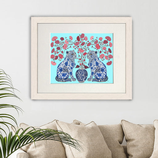 Chinoiserie Leopard Twins on Blue, Art Print, Canvas art | Print 14x11inch