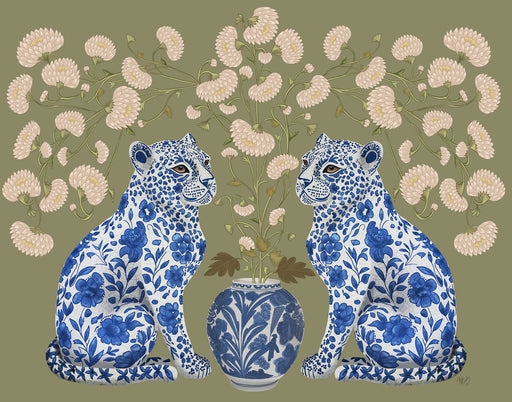 Chinoiserie Leopard Twins on Olive Haze, Art Print, Canvas art | FabFunky