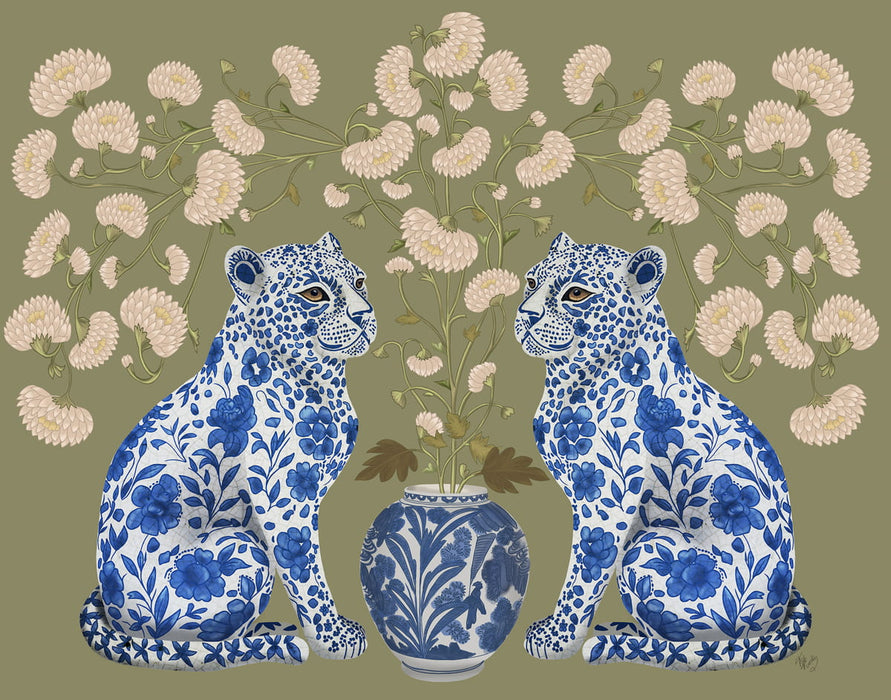 Chinoiserie Leopard Twins on Olive Haze, Art Print, Canvas art | FabFunky