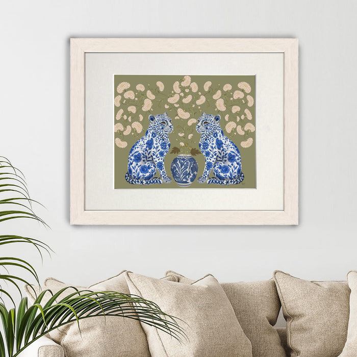 Chinoiserie Leopard Twins on Olive Haze, Art Print, Canvas art | Print 14x11inch