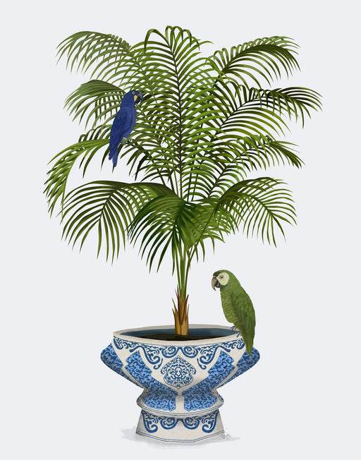 Palm in Chinoiserie Pot and Parrots 1, Art Print, Canvas art | FabFunky