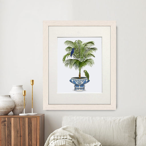 Palm in Chinoiserie Pot and Parrots 1, Art Print, Canvas art | Print 14x11inch
