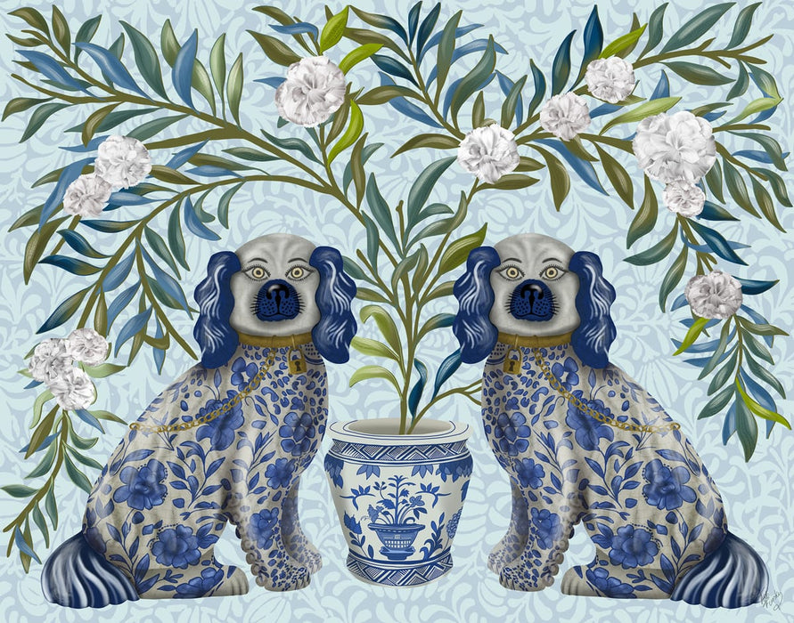 Staffordshire Dog Twins on Blue, Chinoiserie Art Print, Canvas art | FabFunky