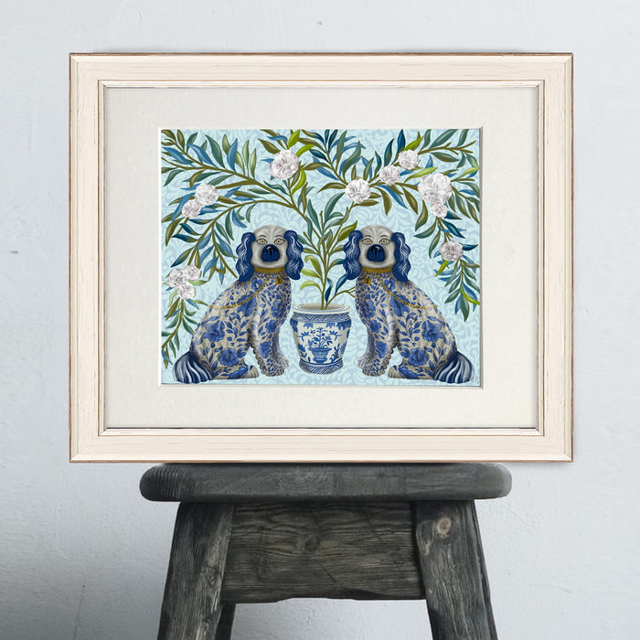 Staffordshire Dog Twins on Blue, Chinoiserie Art Print, Canvas art | Print 14x11inch