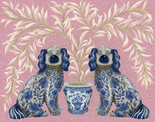Staffordshire Dog Twins on Pink, Chinoiserie Art Print, Canvas art | FabFunky