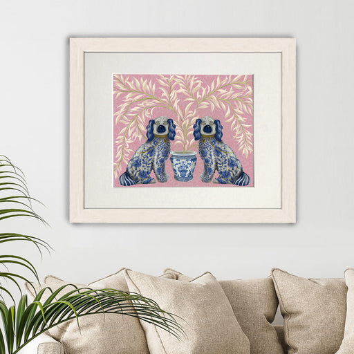 Staffordshire Dog Twins on Pink, Chinoiserie Art Print, Canvas art | Print 14x11inch