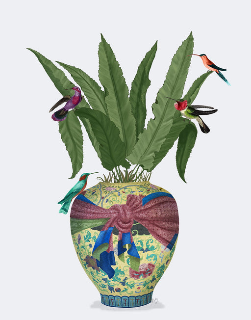 Chinoiserie Ginger Jar, Bright Ribbon and Hummingbirds, Art Print, Canvas art | FabFunky