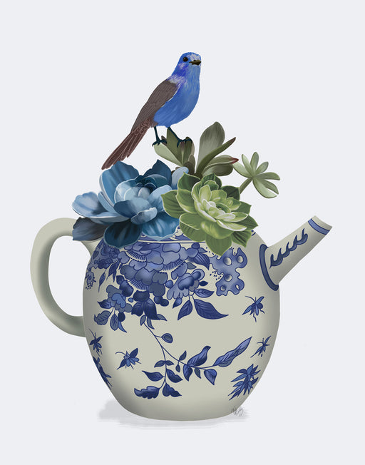 Chinoiserie Teapot, Echevaria and Bird, Art Print, Canvas art | FabFunky