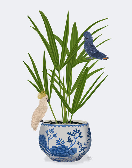 Palm in Chinoiserie Pot and Parrots 2, Art Print, Canvas art | FabFunky