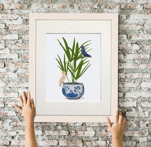 Palm in Chinoiserie Pot and Parrots 2, Art Print, Canvas art | Print 14x11inch
