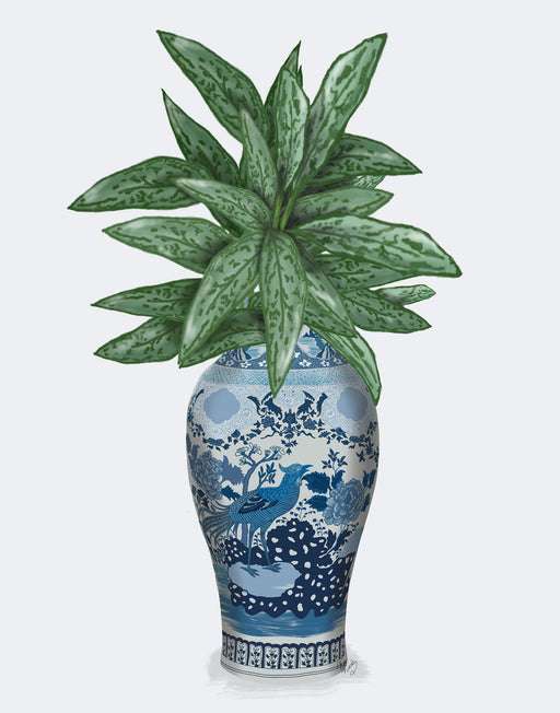 Cockerel Vase with Chinese Evergreen, Chinoiserie Art Print, Canvas art | FabFunky