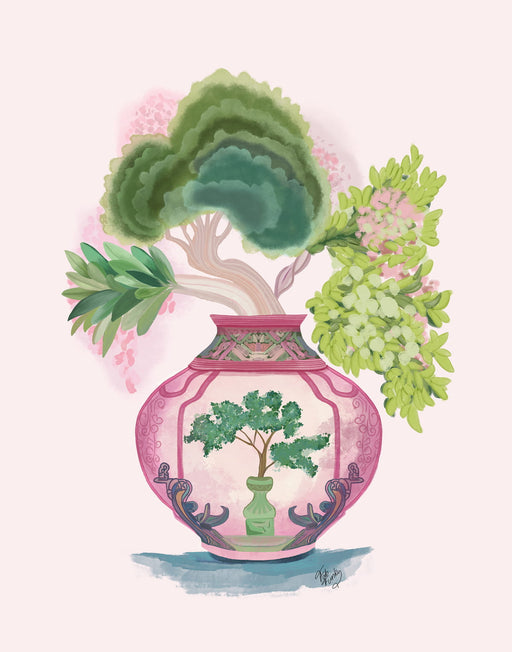 Pink Green Vase 1, Chinoiserie Art Print, Canvas art | FabFunky