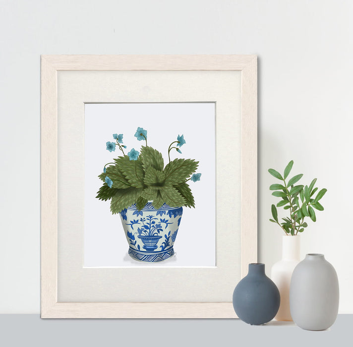 Chinoiserie Planter with Blue Flower Plant, Art Print, Canvas art | Print 14x11inch