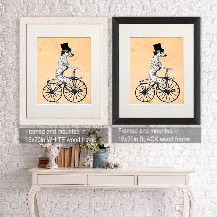 Dalmatian On Bicycle, Dog Art Print, Wall art | Framed White