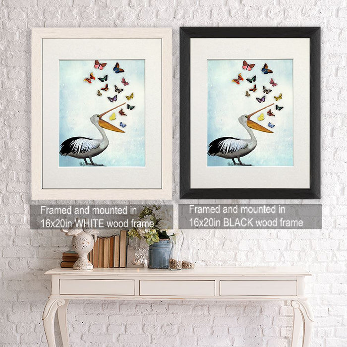 Pelican And Butterflies, Bird Art Print, Wall Art | Print 24x36in