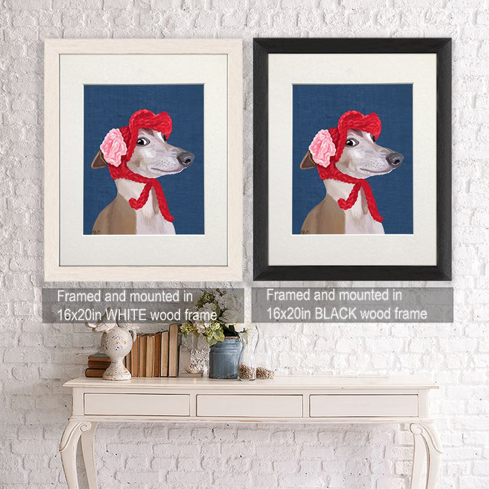 Greyhound with Red Woolly Hat, Dog Art Print, Wall art | Canvas 11x14inch