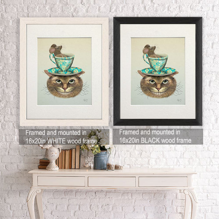 Cheshire Cat with Cup on Head, Art Print, Canvas Wall Art