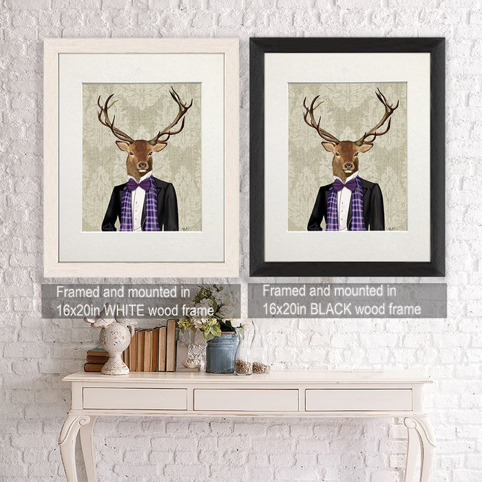 Deer in Evening Suit, Portrait, Art Print, Canvas Wall Art | Framed White