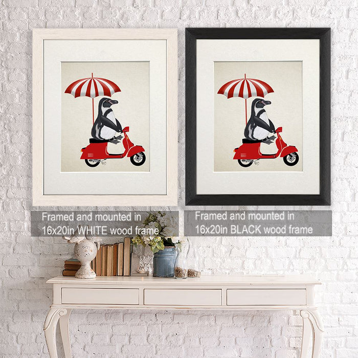 Penguin On Red Moped, Art Print, Canvas Wall Art | Framed Black