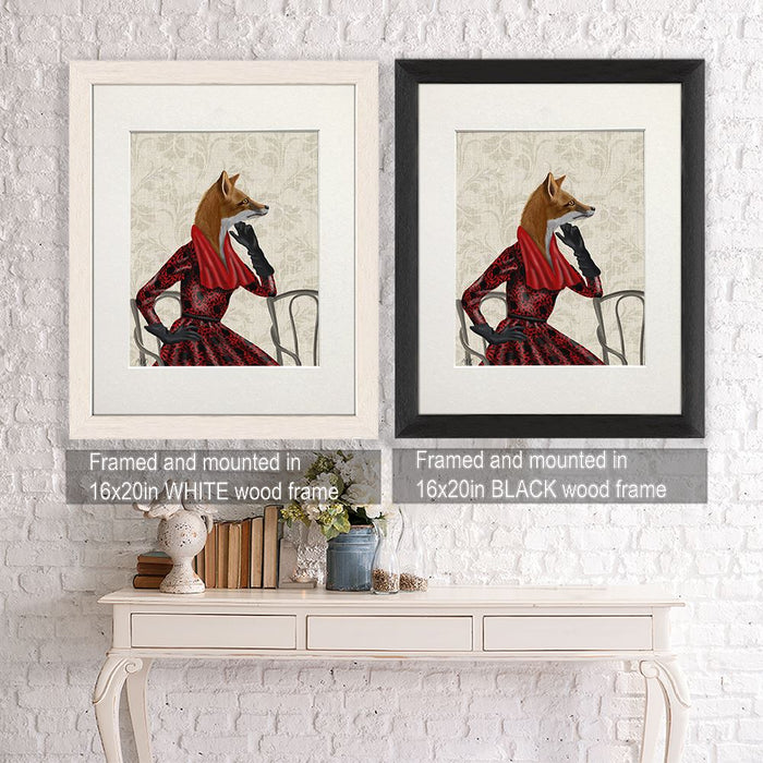Fox with Red Scarf, Art Print, Canvas Wall Art | Framed White