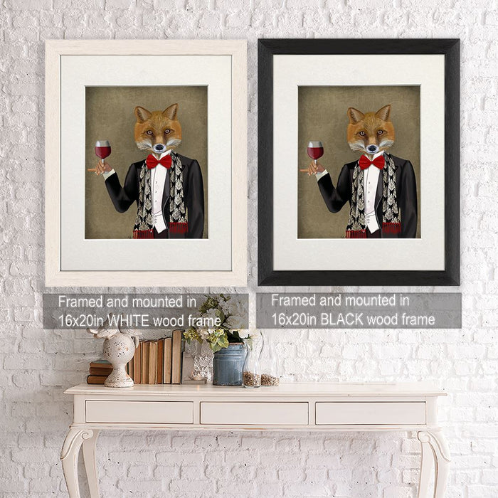 Fox in Black Jacket with Wine, Art Print, Canvas Wall Art | Framed White