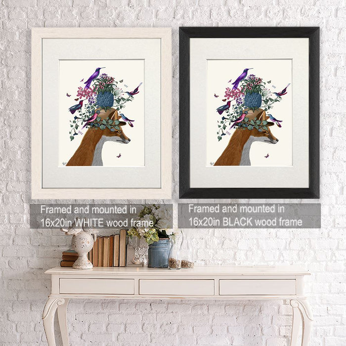 Fox Birdkeeper with Pineapple, Art Print, Canvas Wall Art | Framed White