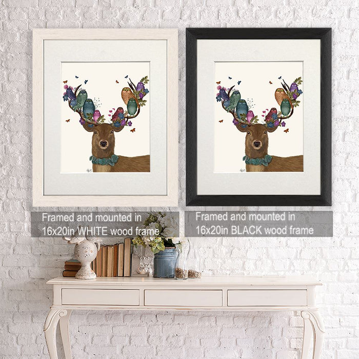 Deer Birdkeeper, Owls, Art Print, Canvas Wall Art | Framed White