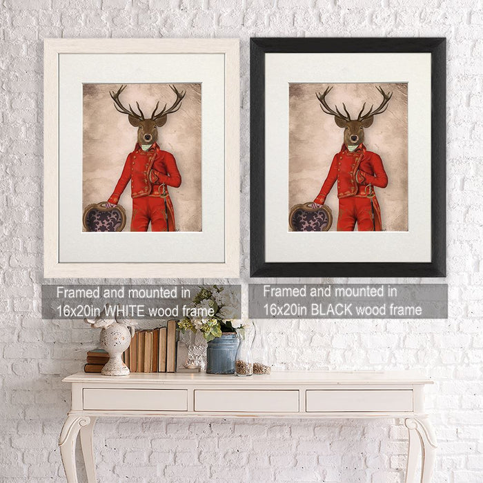 Deer in Red and Gold Jacket, Full, Art Print | Framed White