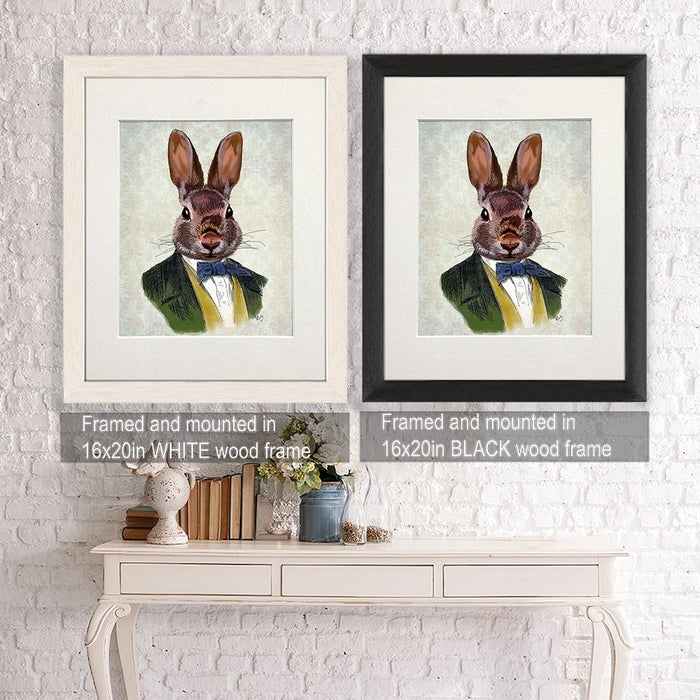 Rabbit in Green Jacket, Art Print, Canvas Wall Art | Framed White