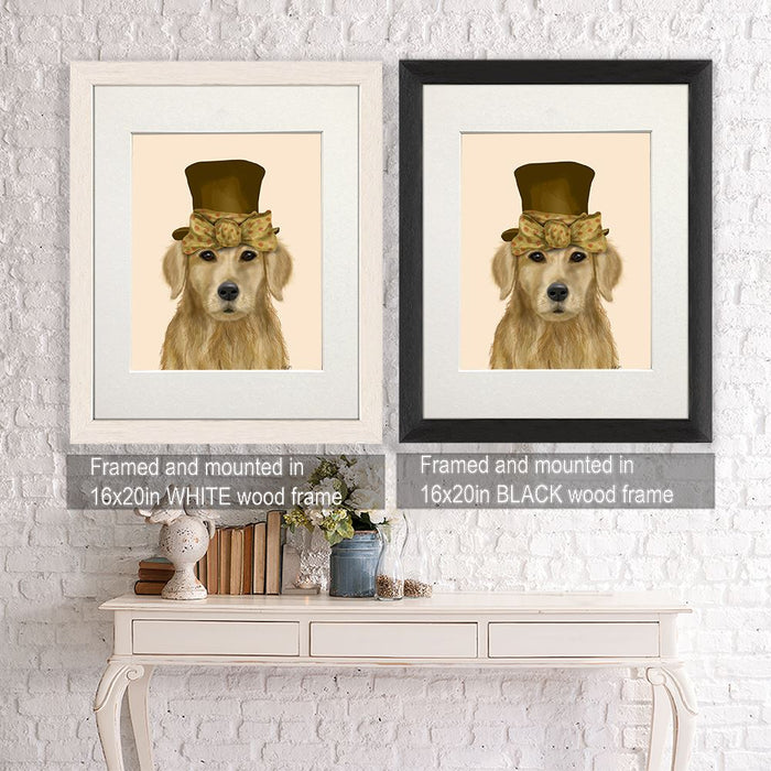 Golden Retriever, Hat and Bow, Dog Art Print, Wall art | Framed Black