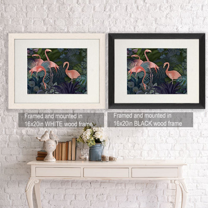 Flamingos in Blue Garden, Bird Art Print, Wall Art | Framed White