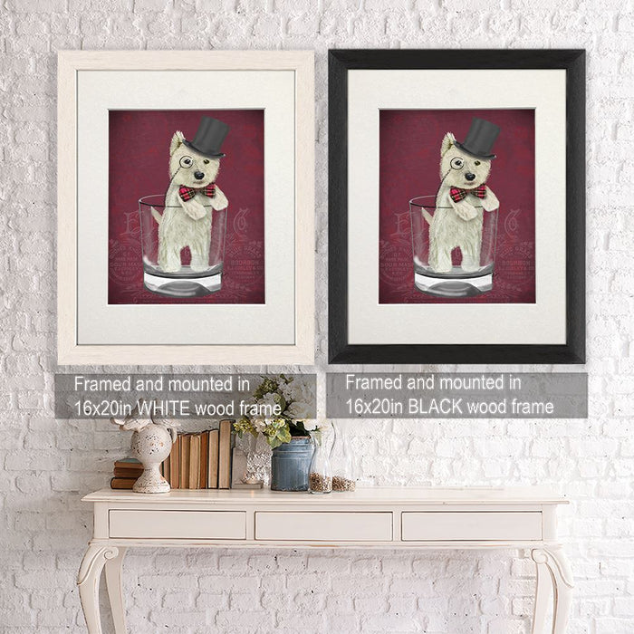 Westie in Whisky Tumbler - Red, Dog Art Print, Wall art | Framed Black