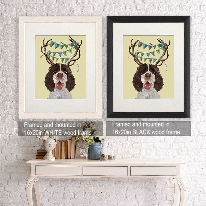 Brown Springer Spaniel and Antlers, Dog Art Print, Wall art | Framed Black